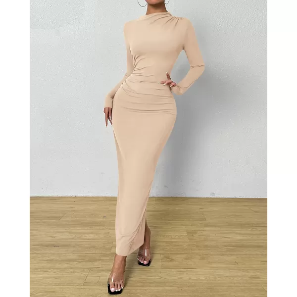 BTFBM Women Bodycon Maxi Dress Long Sleeve Back Slit Ruched Elegant Party Cocktail Formal Fall Wedding Guest DressesSolid Beige