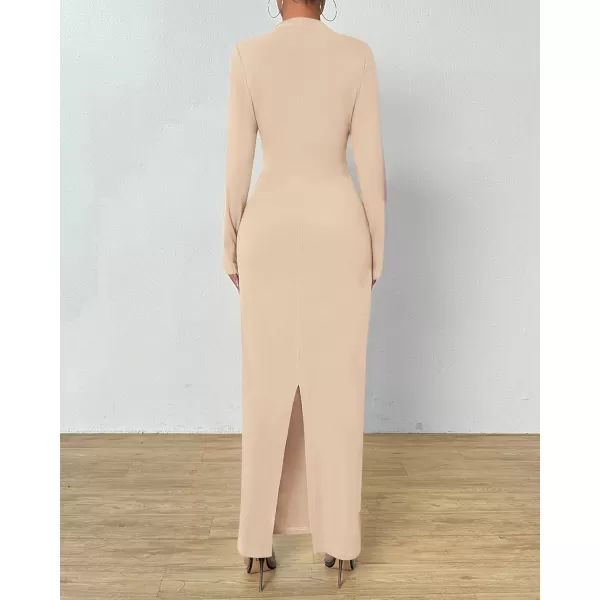 BTFBM Women Bodycon Maxi Dress Long Sleeve Back Slit Ruched Elegant Party Cocktail Formal Fall Wedding Guest DressesSolid Beige