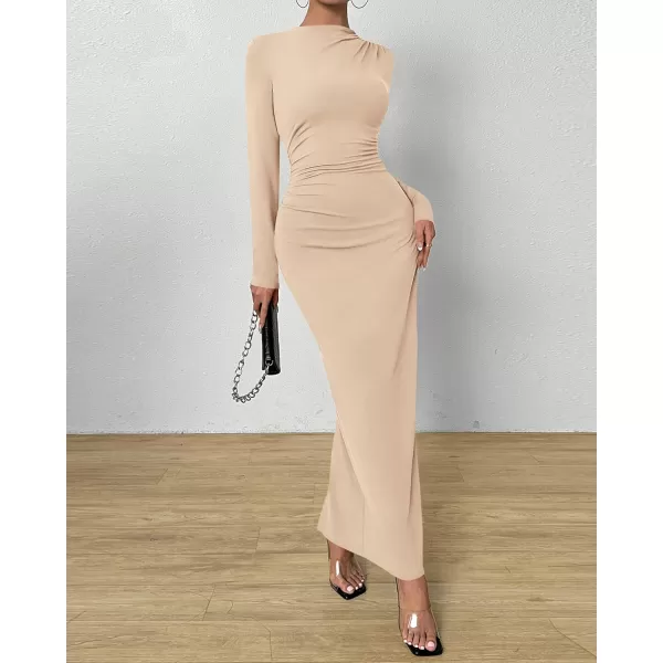BTFBM Women Bodycon Maxi Dress Long Sleeve Back Slit Ruched Elegant Party Cocktail Formal Fall Wedding Guest DressesSolid Beige