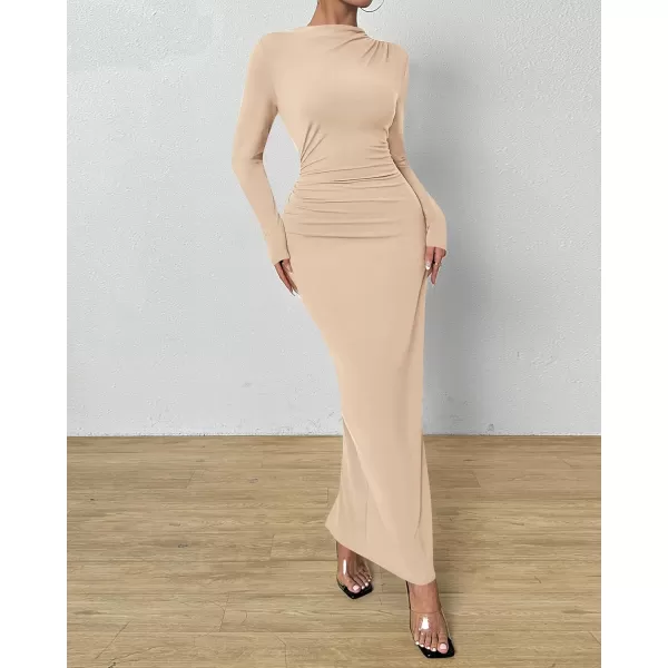 BTFBM Women Bodycon Maxi Dress Long Sleeve Back Slit Ruched Elegant Party Cocktail Formal Fall Wedding Guest DressesSolid Beige