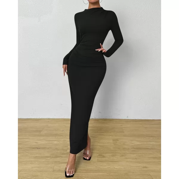 BTFBM Women Bodycon Maxi Dress Long Sleeve Back Slit Ruched Elegant Party Cocktail Formal Fall Wedding Guest DressesSolid Black