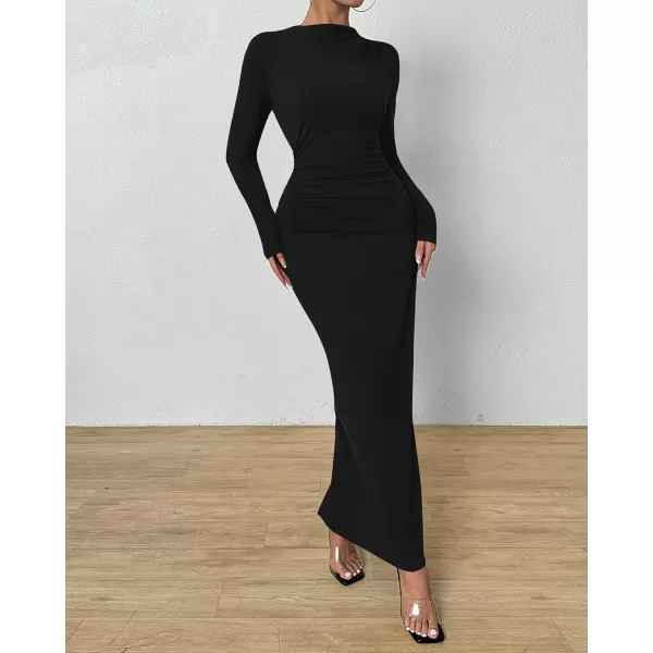 BTFBM Women Bodycon Maxi Dress Long Sleeve Back Slit Ruched Elegant Party Cocktail Formal Fall Wedding Guest DressesSolid Black