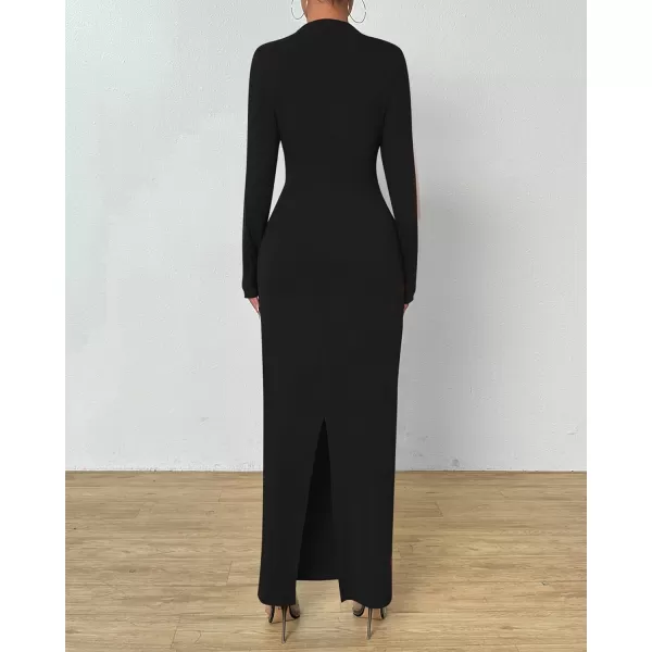 BTFBM Women Bodycon Maxi Dress Long Sleeve Back Slit Ruched Elegant Party Cocktail Formal Fall Wedding Guest DressesSolid Black