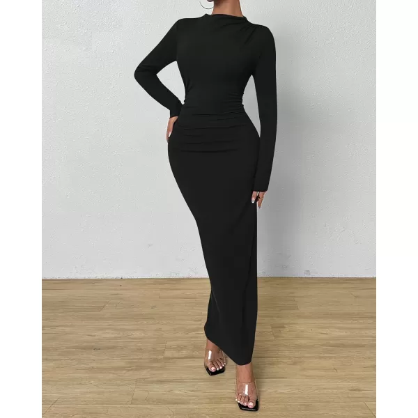 BTFBM Women Bodycon Maxi Dress Long Sleeve Back Slit Ruched Elegant Party Cocktail Formal Fall Wedding Guest DressesSolid Black