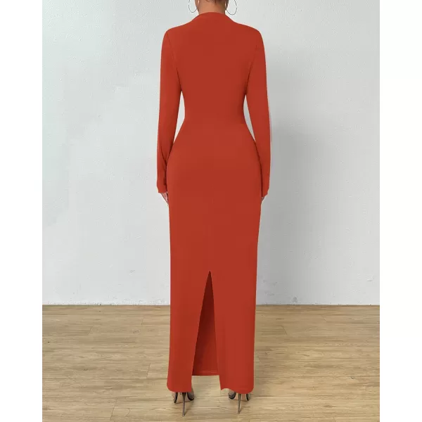 BTFBM Women Bodycon Maxi Dress Long Sleeve Back Slit Ruched Elegant Party Cocktail Formal Fall Wedding Guest DressesSolid Brick Red