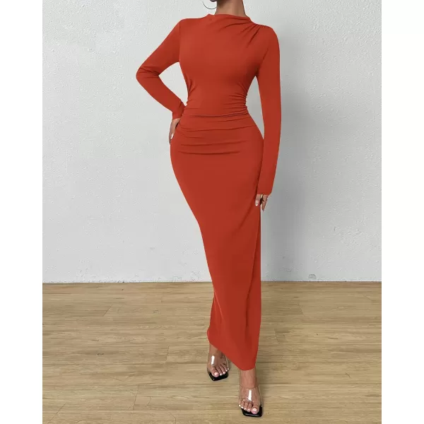 BTFBM Women Bodycon Maxi Dress Long Sleeve Back Slit Ruched Elegant Party Cocktail Formal Fall Wedding Guest DressesSolid Brick Red