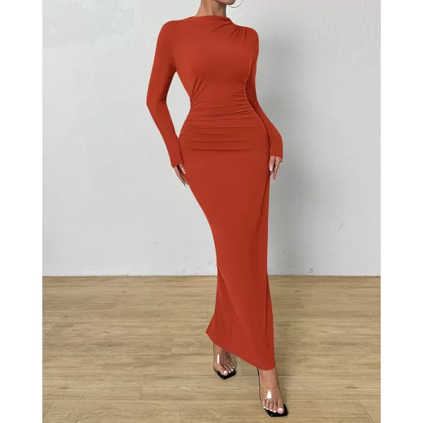 BTFBM Women Bodycon Maxi Dress Long Sleeve Back Slit Ruched Elegant Party Cocktail Formal Fall Wedding Guest DressesSolid Brick Red