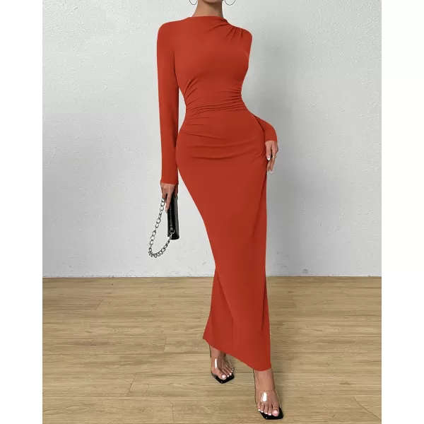BTFBM Women Bodycon Maxi Dress Long Sleeve Back Slit Ruched Elegant Party Cocktail Formal Fall Wedding Guest DressesSolid Brick Red