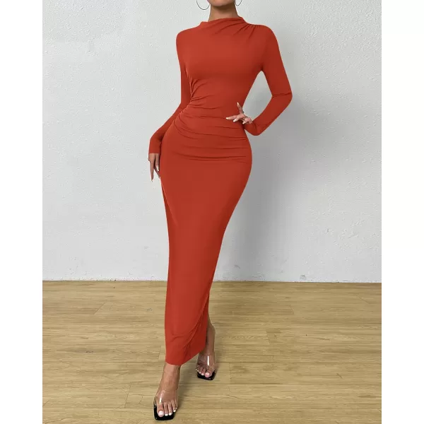 BTFBM Women Bodycon Maxi Dress Long Sleeve Back Slit Ruched Elegant Party Cocktail Formal Fall Wedding Guest DressesSolid Brick Red