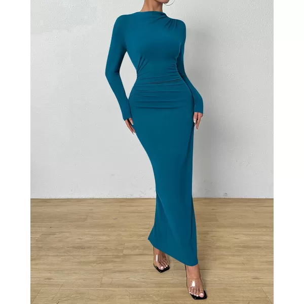 BTFBM Women Bodycon Maxi Dress Long Sleeve Back Slit Ruched Elegant Party Cocktail Formal Fall Wedding Guest DressesSolid Lake Blue