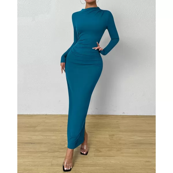 BTFBM Women Bodycon Maxi Dress Long Sleeve Back Slit Ruched Elegant Party Cocktail Formal Fall Wedding Guest DressesSolid Lake Blue