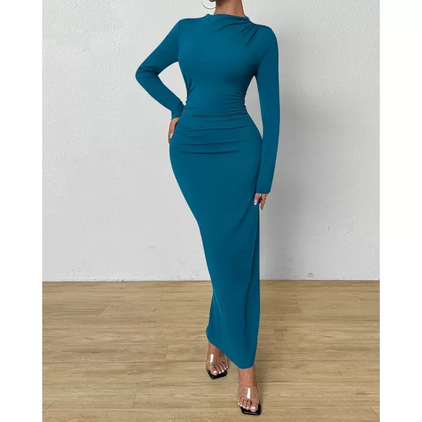 BTFBM Women Bodycon Maxi Dress Long Sleeve Back Slit Ruched Elegant Party Cocktail Formal Fall Wedding Guest DressesSolid Lake Blue