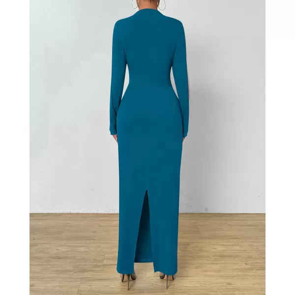 BTFBM Women Bodycon Maxi Dress Long Sleeve Back Slit Ruched Elegant Party Cocktail Formal Fall Wedding Guest DressesSolid Lake Blue