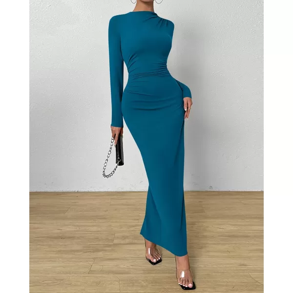 BTFBM Women Bodycon Maxi Dress Long Sleeve Back Slit Ruched Elegant Party Cocktail Formal Fall Wedding Guest DressesSolid Lake Blue