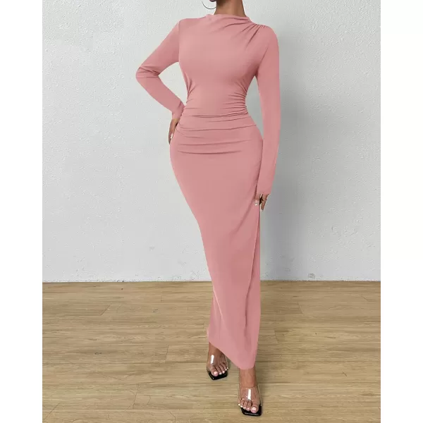 BTFBM Women Bodycon Maxi Dress Long Sleeve Back Slit Ruched Elegant Party Cocktail Formal Fall Wedding Guest DressesSolid Pink