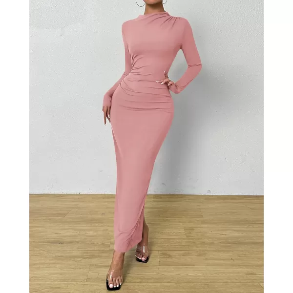 BTFBM Women Bodycon Maxi Dress Long Sleeve Back Slit Ruched Elegant Party Cocktail Formal Fall Wedding Guest DressesSolid Pink