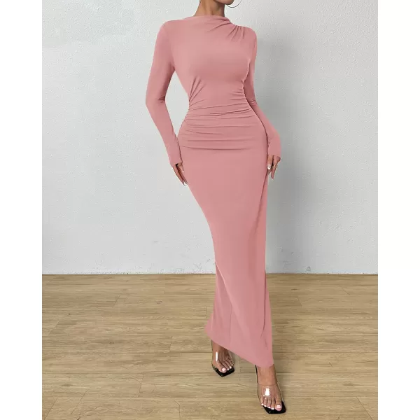 BTFBM Women Bodycon Maxi Dress Long Sleeve Back Slit Ruched Elegant Party Cocktail Formal Fall Wedding Guest DressesSolid Pink