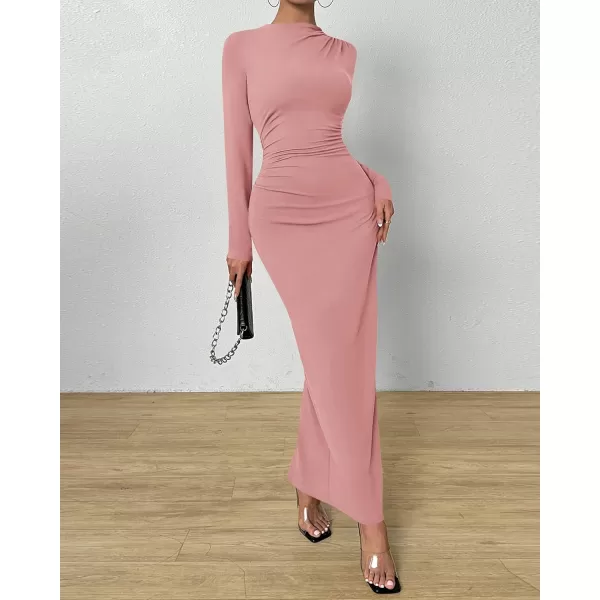 BTFBM Women Bodycon Maxi Dress Long Sleeve Back Slit Ruched Elegant Party Cocktail Formal Fall Wedding Guest DressesSolid Pink