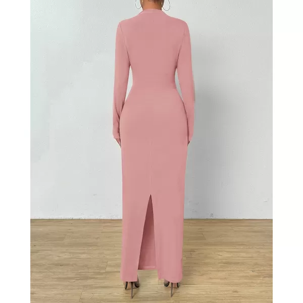 BTFBM Women Bodycon Maxi Dress Long Sleeve Back Slit Ruched Elegant Party Cocktail Formal Fall Wedding Guest DressesSolid Pink