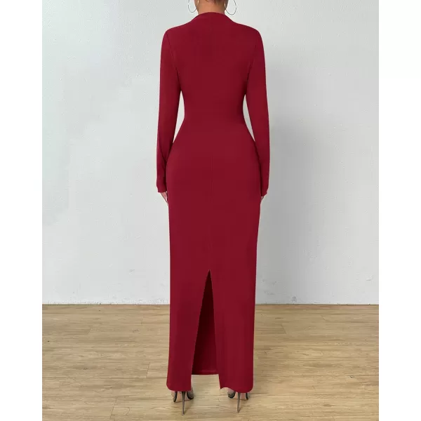 BTFBM Women Bodycon Maxi Dress Long Sleeve Back Slit Ruched Elegant Party Cocktail Formal Fall Wedding Guest DressesWine Red