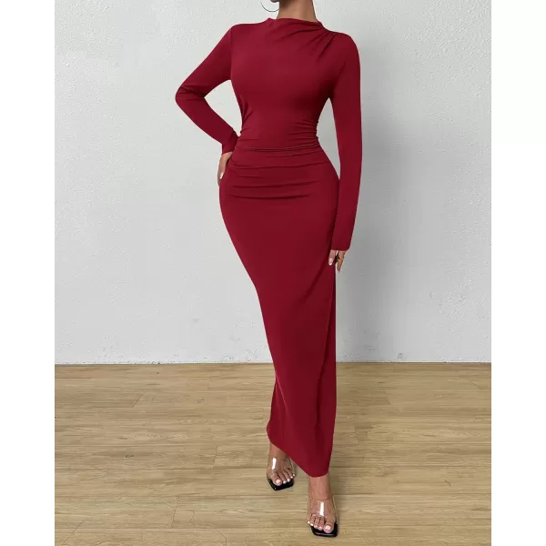 BTFBM Women Bodycon Maxi Dress Long Sleeve Back Slit Ruched Elegant Party Cocktail Formal Fall Wedding Guest DressesWine Red