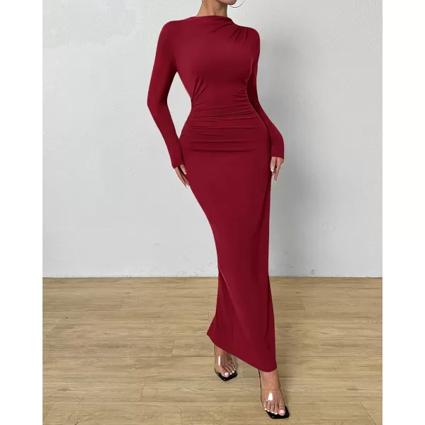 BTFBM Women Bodycon Maxi Dress Long Sleeve Back Slit Ruched Elegant Party Cocktail Formal Fall Wedding Guest DressesWine Red