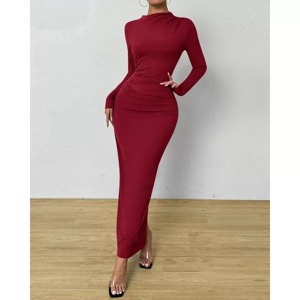 BTFBM Women Bodycon Maxi Dress Long Sleeve Back Slit Ruched Elegant Party Cocktail Formal Fall Wedding Guest DressesWine Red