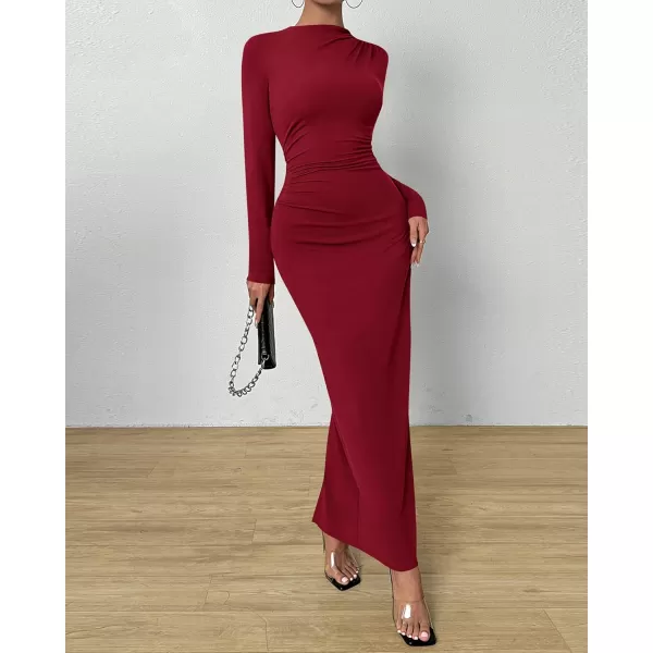 BTFBM Women Bodycon Maxi Dress Long Sleeve Back Slit Ruched Elegant Party Cocktail Formal Fall Wedding Guest DressesWine Red