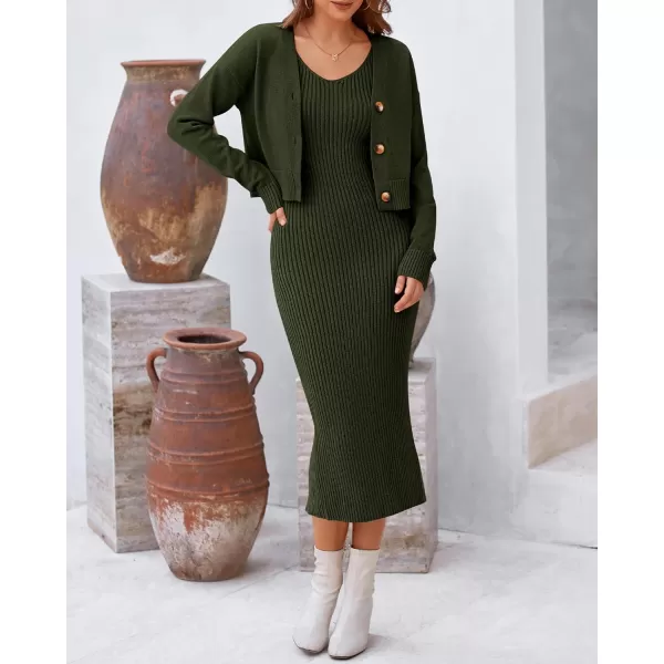 BTFBM Women Fall Knit Sweater Dress Set Bodycon Slit Midi Dresses Button Down Long Sleeve Cropped Cardigan 2 Piece SetsArmy Green