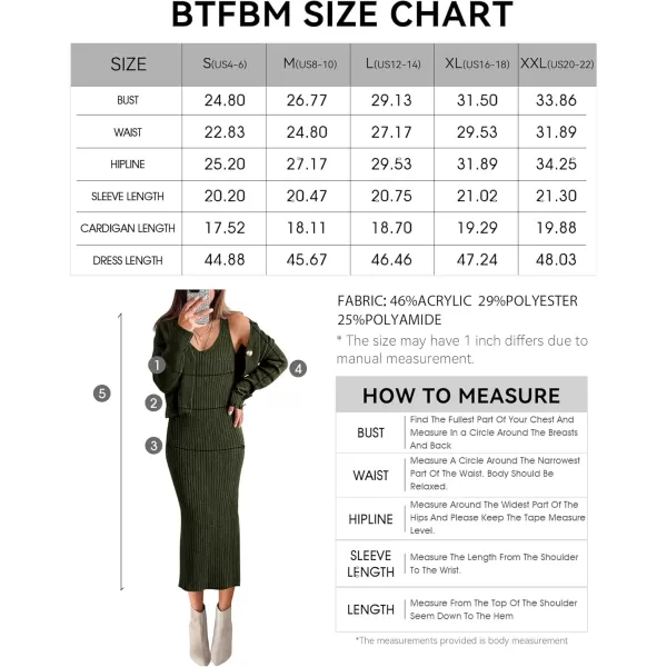 BTFBM Women Fall Knit Sweater Dress Set Bodycon Slit Midi Dresses Button Down Long Sleeve Cropped Cardigan 2 Piece SetsArmy Green