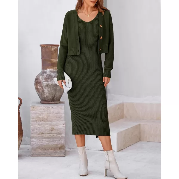 BTFBM Women Fall Knit Sweater Dress Set Bodycon Slit Midi Dresses Button Down Long Sleeve Cropped Cardigan 2 Piece SetsArmy Green