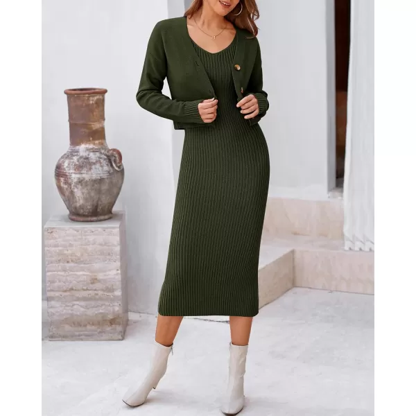 BTFBM Women Fall Knit Sweater Dress Set Bodycon Slit Midi Dresses Button Down Long Sleeve Cropped Cardigan 2 Piece SetsArmy Green