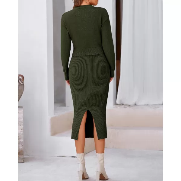 BTFBM Women Fall Knit Sweater Dress Set Bodycon Slit Midi Dresses Button Down Long Sleeve Cropped Cardigan 2 Piece SetsArmy Green