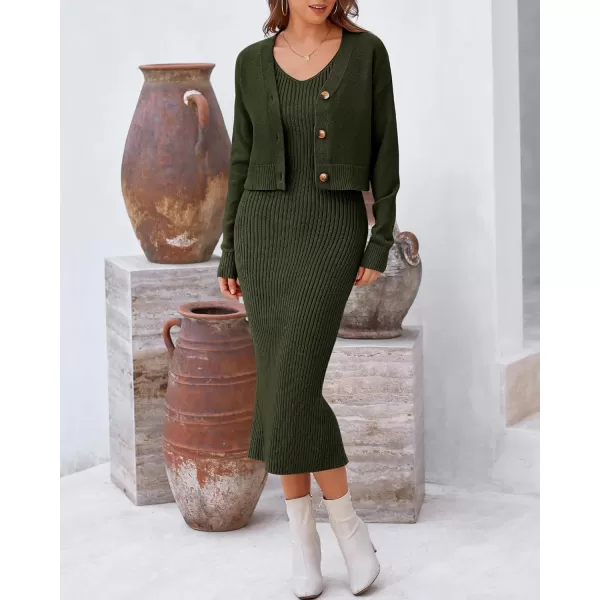 BTFBM Women Fall Knit Sweater Dress Set Bodycon Slit Midi Dresses Button Down Long Sleeve Cropped Cardigan 2 Piece SetsArmy Green