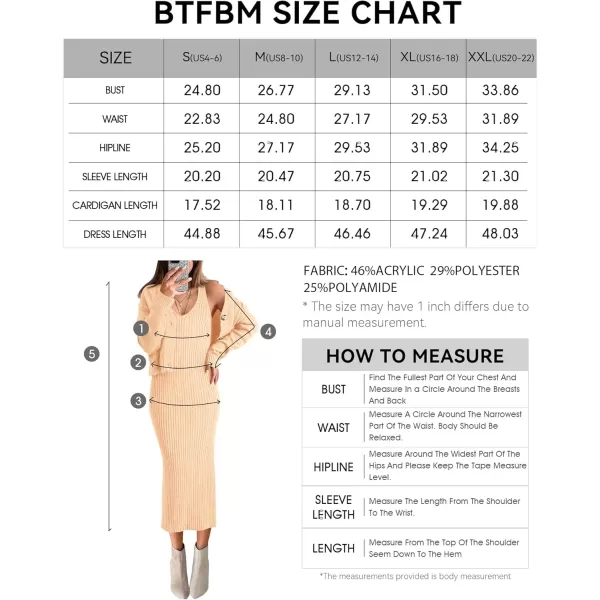 BTFBM Women Fall Knit Sweater Dress Set Bodycon Slit Midi Dresses Button Down Long Sleeve Cropped Cardigan 2 Piece SetsBeige