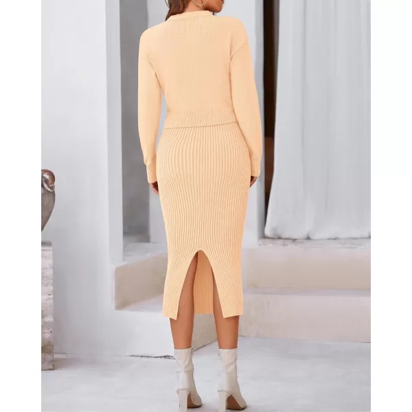 BTFBM Women Fall Knit Sweater Dress Set Bodycon Slit Midi Dresses Button Down Long Sleeve Cropped Cardigan 2 Piece SetsBeige
