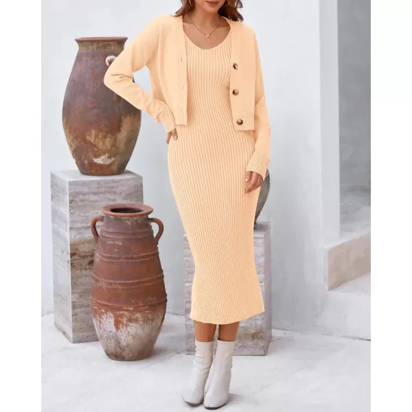 BTFBM Women Fall Knit Sweater Dress Set Bodycon Slit Midi Dresses Button Down Long Sleeve Cropped Cardigan 2 Piece SetsBeige