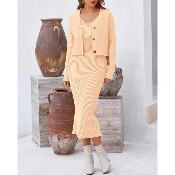 BTFBM Women Fall Knit Sweater Dress Set Bodycon Slit Midi Dresses Button Down Long Sleeve Cropped Cardigan 2 Piece SetsBeige