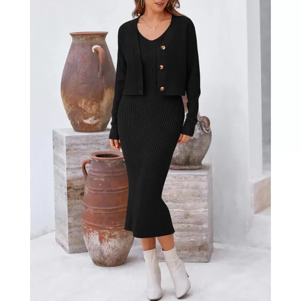 BTFBM Women Fall Knit Sweater Dress Set Bodycon Slit Midi Dresses Button Down Long Sleeve Cropped Cardigan 2 Piece SetsBlack