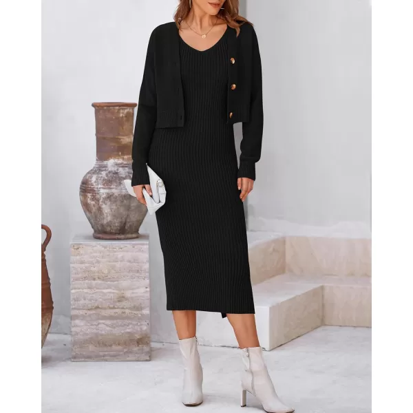 BTFBM Women Fall Knit Sweater Dress Set Bodycon Slit Midi Dresses Button Down Long Sleeve Cropped Cardigan 2 Piece SetsBlack