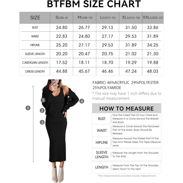 BTFBM Women Fall Knit Sweater Dress Set Bodycon Slit Midi Dresses Button Down Long Sleeve Cropped Cardigan 2 Piece SetsBlack
