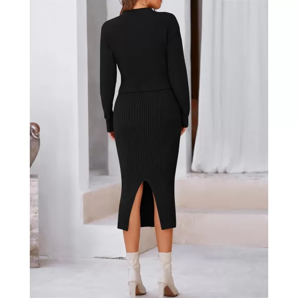 BTFBM Women Fall Knit Sweater Dress Set Bodycon Slit Midi Dresses Button Down Long Sleeve Cropped Cardigan 2 Piece SetsBlack