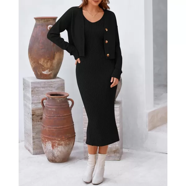 BTFBM Women Fall Knit Sweater Dress Set Bodycon Slit Midi Dresses Button Down Long Sleeve Cropped Cardigan 2 Piece SetsBlack