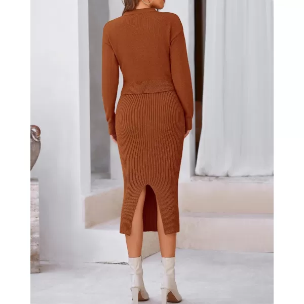 BTFBM Women Fall Knit Sweater Dress Set Bodycon Slit Midi Dresses Button Down Long Sleeve Cropped Cardigan 2 Piece SetsCaramel