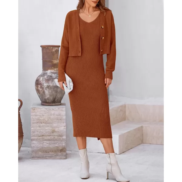 BTFBM Women Fall Knit Sweater Dress Set Bodycon Slit Midi Dresses Button Down Long Sleeve Cropped Cardigan 2 Piece SetsCaramel