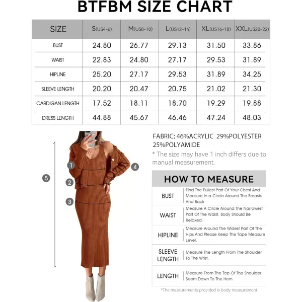 BTFBM Women Fall Knit Sweater Dress Set Bodycon Slit Midi Dresses Button Down Long Sleeve Cropped Cardigan 2 Piece SetsCaramel