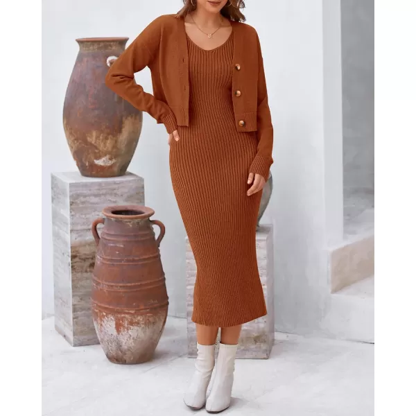 BTFBM Women Fall Knit Sweater Dress Set Bodycon Slit Midi Dresses Button Down Long Sleeve Cropped Cardigan 2 Piece SetsCaramel