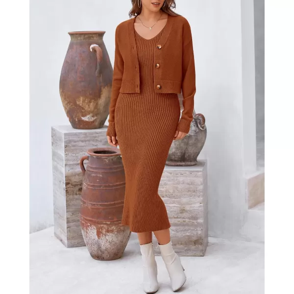 BTFBM Women Fall Knit Sweater Dress Set Bodycon Slit Midi Dresses Button Down Long Sleeve Cropped Cardigan 2 Piece SetsCaramel