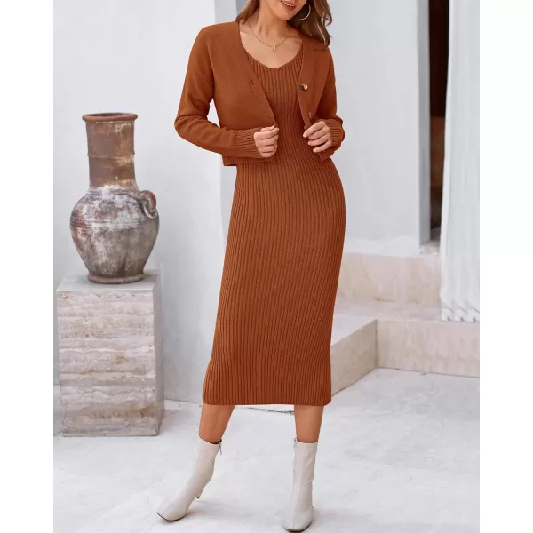 BTFBM Women Fall Knit Sweater Dress Set Bodycon Slit Midi Dresses Button Down Long Sleeve Cropped Cardigan 2 Piece SetsCaramel