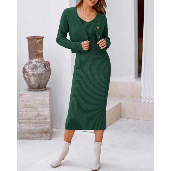 BTFBM Women Fall Knit Sweater Dress Set Bodycon Slit Midi Dresses Button Down Long Sleeve Cropped Cardigan 2 Piece SetsDark Green